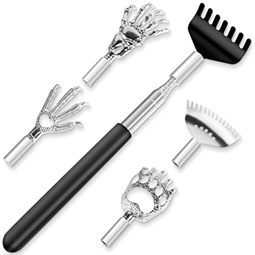 Rückenkratzer Ausziehbar-Inklusive 5 Aufsätze-Edelstahl Kratzhand Back scratcher ausziehbar von 20,5 auf bis zu 68,5 cm für Wohltuende Kratzgefühle, Ideal als Geschenk für Männer, Frauen & Familien