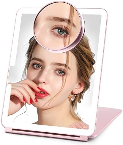 Fitnate LED Makeup Mirror for Travel, Portable Vanity Mirror Compact, Portable, Rechargeable, lluminated Mirror Perfect for Travel, Makeup & Beauty Needs Gift Pack Rose Gold, 3X Magnifier,Large