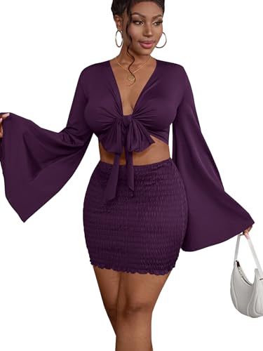 Image of LYANER Women 2 Piece Vacation Outfits Tie Knot Front Bell Long Sleeve Crop Top and Mini Skirt Summer Set