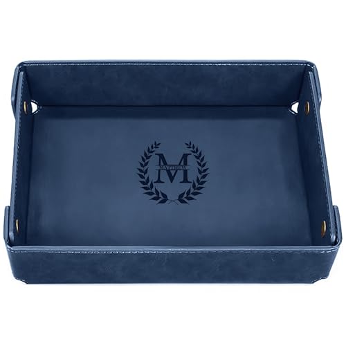 Engraved Leather Valet Tray for Men – Personalized Catchall with Custom Name for Desk, Dresser, Nightstand – Men's Organizer Tray for Keys, Wallet, Jewelry, Personalized Gift for Home, Office - Blue