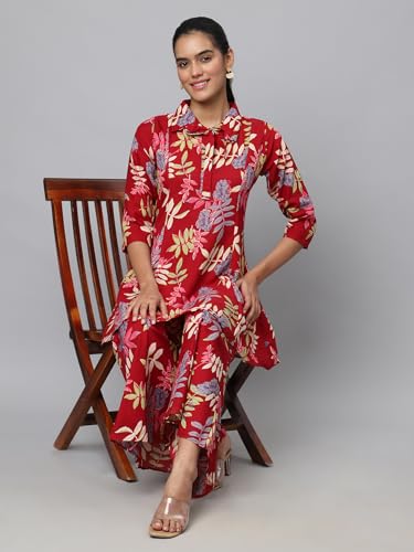 Image of AVANOVA Soft Maslin Silk V Neck Co-Ords Set for Women's | Printed Shirt & Bottom Set for Women | Suit Set | Two Piece Dress (CO-ODS 84 Maroon L)