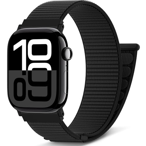 AMSKY Nylon Sport Loop Band Kompatibel mit Apple Watch Armband 40mm 42mm 46mm 44mm 45mm 41mm 38mm 49mm, für iWatch Series 11 10 9 8 7 6 5 4, Ultra SE 3 2 1, Schwarz, 46mm/44mm/45mm/49mm