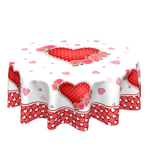 Sweetshow Valentines Day Table Cloth Round Red Hearts Pink Rose Flower Tablecloth 70 Inch with Check Plaid Decor Washable Stain and Wrinkle Love Romantic Round Table Cover for Dining Picnic
