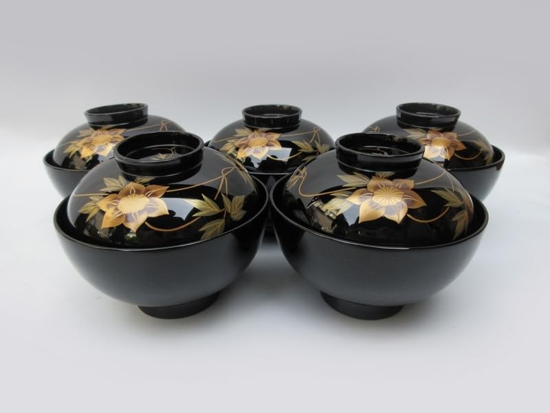 輪島塗　目代春帆造　蒔絵付 吸物椀 五客　天然木　美品　共箱　茶道　懐石　送料込 輪島塗 つばき蒔絵 吸物椀5客 輪島塗吸物椀 輪島塗お椀 汁椀 椿