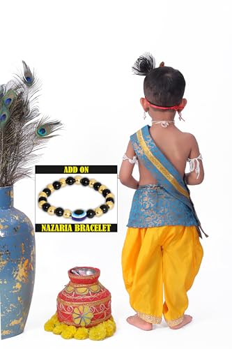 Image of Krishna Dress for Kids, Baby Krishna Dress for Janmashtami with Krishna Mukut, Peacock Feather & Flute Embroidered Krishna Costume for Girl & Boy, 3 Months-8 Years