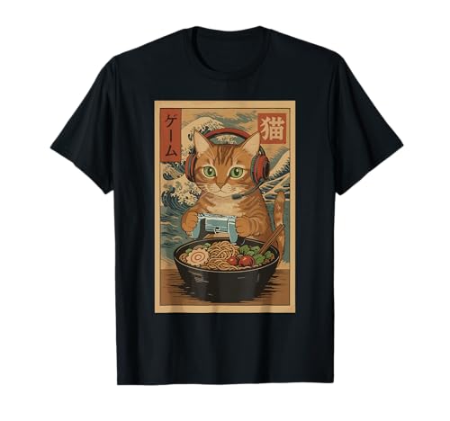 Kawaii Japanese Ramen Cat Retro Gaming Shirts for Men T-Shirt