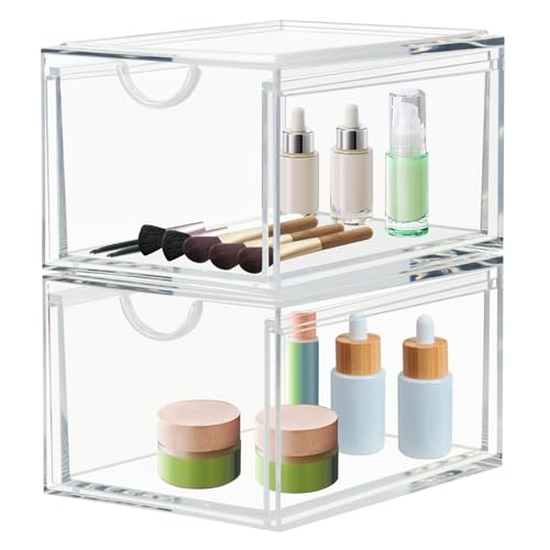 CECOLIC 2er Pack stapelbare Kosmetik Organizer Schubladen, Durchsichtiger Acryl Make up Aufbewahrungs Organizer, Kunststoff Aufbewahrungsbehälter, Kosmetikbehälter