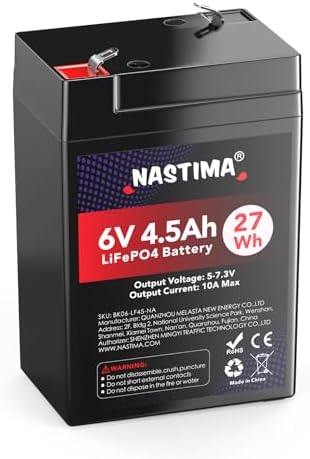 NASTIMA 6V 4.5Ah Rechargeable Lithium Iron Phosphate Battery, 2000+ Cycles LiFePO4 Battery Pack for Emergency Light, Lantern, Kids Ride On Car, Deer Game Feeder