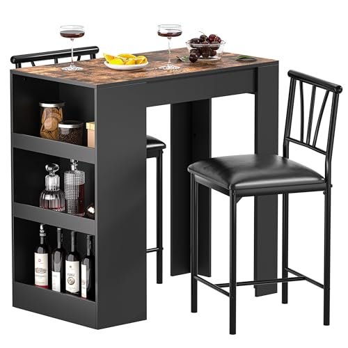 VECELO Bartisch mit Barhocker Set, Stehtisch mit 2 PU-gepolsterten Stühlen und 3 Seitenregalen, Küchentisch im Industrie-Stil für Esszimmer, Küche oder Wohnzimmer, Vintagebraun