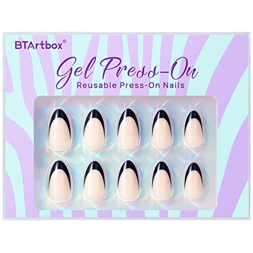 French Tip Press On Nails Almond - Btartbox Black Press On Nails Short, Glue On Nails With Nail Glue, Supremely Fit & Natural Reusable Stick On Nails In 15 Sizes - 30 Fake Nails Kit, Black French #TOP6