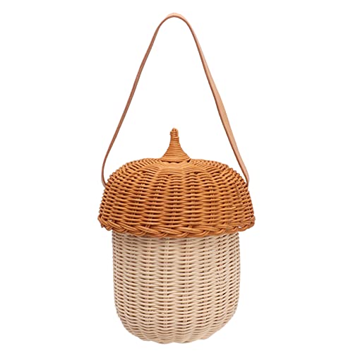 Rattan Bag, Kids Rattan Storage Basket Acorn Shaped Basket Kids Shoulder Bag Acorn Basket Decorative Basket for Photography Prop (L)