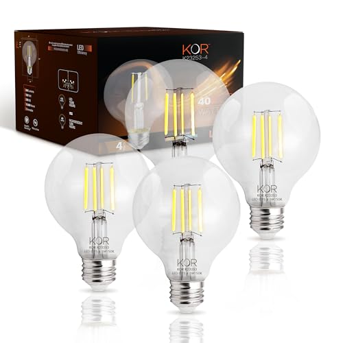 KOR LED G25 Filament Globe Bulbs 4 pack 40 Watt Equivalent 5000K Bright White Edison Dimmable 4.5W E26 Medium Base 360 Lumens CRI 90 Clear Glass Light Bulbs for Bathroom Makeup Mirror Vanity