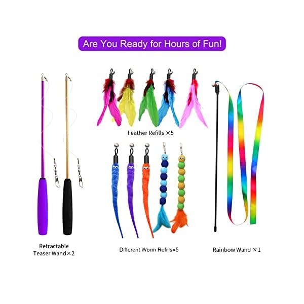 Atosun cat toys, 2pcs retractable cat feather toys, 10pcs replacement teaser refill, 1pc rainbow ribbon wand interactive kitten toys for indoor cat make exercise - image 8