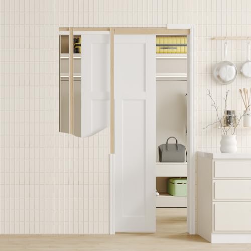 Image of Sliding Pocket Door, 60in.(Double 30 in.) x 80 in, T-Shaped Core with Frame and Hardware Kit Set, Interior Doors for Pocket Door, White Primed - No Panel Assembly Required