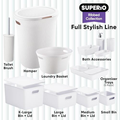 Image of Superio Ribbed Collection Toilet Bowl Brush and Holder Set, Decorative Plastic Bathroom Toilet Brush with Holder, Toilet Cleaner Scrubber, White - 1 Pack