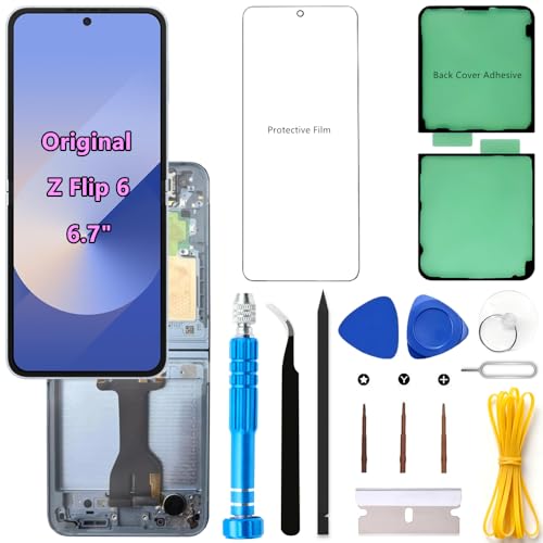 Original 6.7" AMOLED 120Hz Z Flip6 Screen Replacement OEM for Samsung Galaxy Z Flip 6 SM-F741U SM-F741U1 Inner Foldable Touch Display Screen Digitizer Assembly (Blue Frame+Protector+Adhesive+Tools)