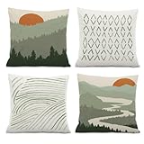 ISANOU Abstract Nature Throw PillowCovers,Red Sunrise Sunset Green Mountains Pillow Case Decor Set of 4,Watercolour Pillow Decorative for Home Living Room Bedroom Sofa,18x18 Inch