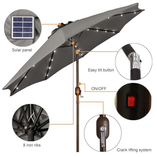 Image of Blissun 9 ft Solar Umbrella, 32 LED Lighted Patio Umbrella, Table Market Umbrella, Outdoor Umbrella for Garden, Deck, Backyard, Pool and Beach (Grey)