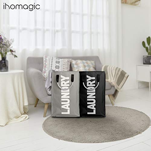 IHOMAGIC 2Set Wäschekorb Faltbar Wäschesack Wäschesammler Reise Wäschetasche Wäschebeutel Kinder Wäschetonne Wäschebox Kinderzimmer Wäschebehälter Aufbewahrungskorb Stoff 33x23x53cm Grau + Schwarz