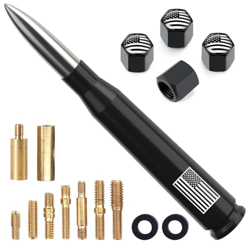 Image of Car Truck Antenna with Tire Valve Caps American Flag Universal Short Replacement for GMC Sierra Chevy Silverado Dodge Ram 1500 2500 3500 Ford F150 F250 F350 Super Duty Raptor Accessories, Silver