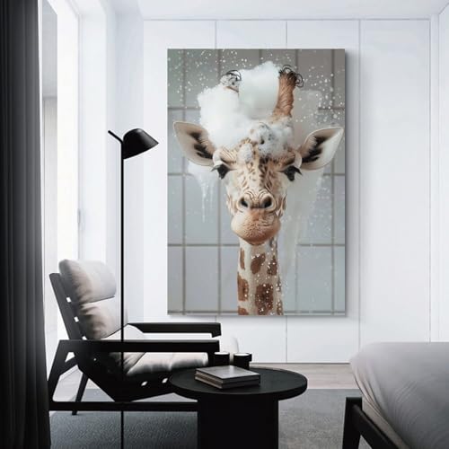 Tableau sur toile girafe prenant un bain : finis les murs vides du salon