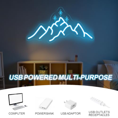 Image of ACOTAR Neon Sign Mountain With Star LED Light Book Lover Gift | Starry Mountain Reading Nook Decoration USB Powered Dimmable Bookish Home Wall Room Deocr Ice Blue 17.7 inchx9.3 inch