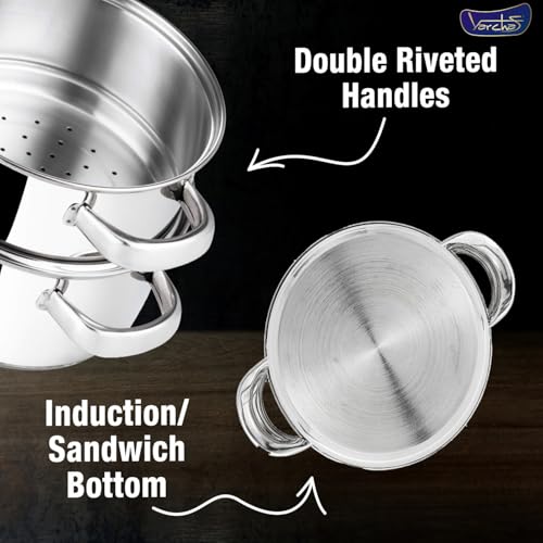 Image of VARCHAS Stainless Steel 2 Tier Momo Steamer 20cm Diameter with Glass Lid and Riveted Handles | Multi Purpose | Induction Bottom and Gas Base | Silver