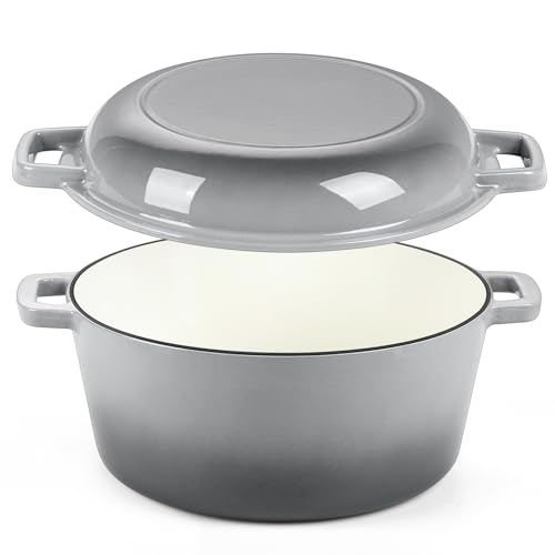P&P CHEF 5Qt Dutch Oven Pot for Bread Baking (Gray), 2 In 1 Round Cast Iron Dutch Oven with Lid Set, Skillet & Pot for Roasting Braising Stewing Frying Simmering, Multi Stoves & Oven Safe