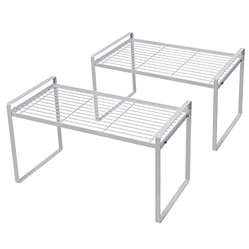 2Pack Cabinet Shelf Organizer Storage Rack Space Saving for Kitchen Counter Pantry Bathroom Cupboard Under Sink Office Table Steel Stackable Rust Resistant Heavy Duty Nonslip 16 White - Tall