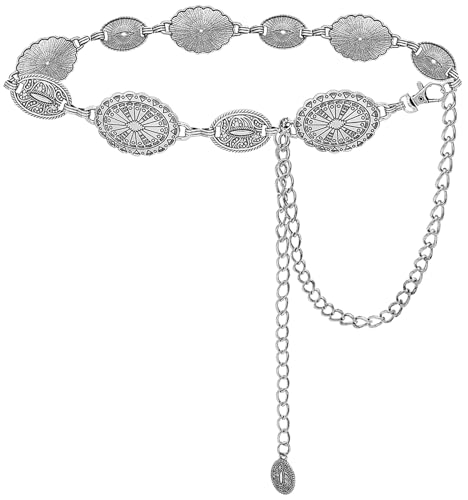 DTWAWA Western Cowgirl Chain Belts for Women Waist Links Adjustable Metal Boho Concho Belt for Dresses Jeans