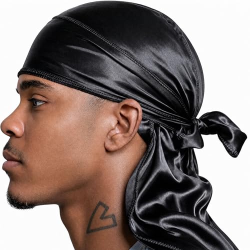Veeta Superior Silk Durag - Smooth Silk Durag for Men & Women, Long Double Wide Straps, Outside Seam Triple Stitch Du Rag (Black)