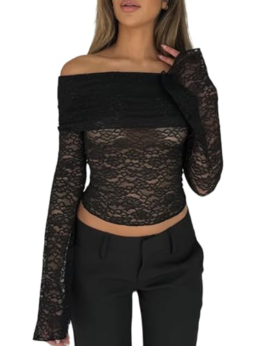 Amazon.com: Women's Fold Over Off Shoulder Floral Lace Tops Slim