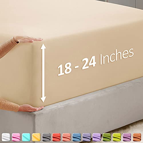 Image of Hearth & Harbor Extra Deep Pocket Queen Fitted Sheet - Fits 18 to 24 Inch Mattress - Ultra Soft 1800 Microfiber, Wrinkle-Free & Breathable - Hotel Luxury Fitted Sheet Only, Beige
