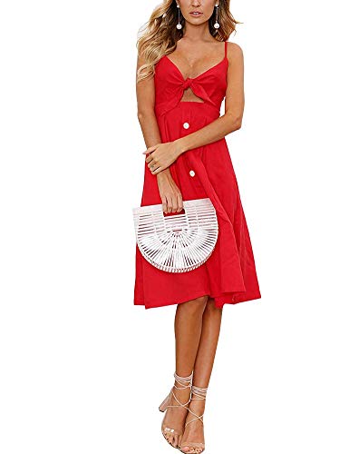 Image of FANCYINN Womens Tie Front Button Down A-Line Dresses Summer Spaghetti Strap Midi Dress Floral Prints