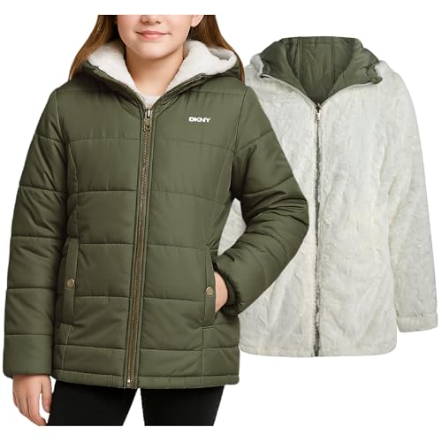 DKNY Reversible Girls Winter Coat - Heavyweight Quilted Jacket with Sherpa Lining Hooded Puffer Jacket Winter Coats for Girls, Size 10-12, SAGE/CREAM