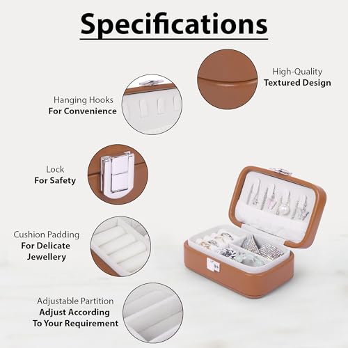 Image of BucketList PU Leather Jewellery Organizer Box with Ring Slots & Necklace Hooks | Compact Jewelry Storage Case with Secure Lock (Travel Jewellery Box Rectangular (Caramel))