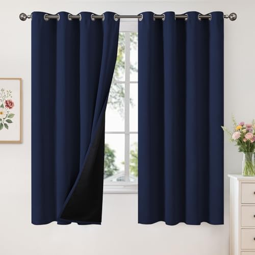 Image of YoungsTex 100% Blackout Curtains for Bedroom 63 Inches Long, Navy Blue Full Room Darkening Drapes Thermal Insulated for Living Room, 2 Panels, 52 X 63 Inch