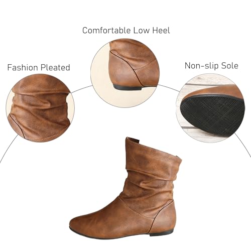 Women's Leather Slouchy Flat Ankle Boots Comfortable Round Toe Casual Pull On Booties Fall Winter Fashion Low Heel Short Boots2