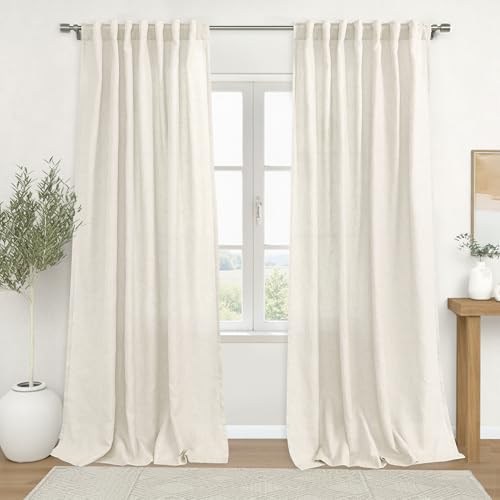 KOUFALL 60 Inch Wide Linen Curtains, Privacy Sheer Light Filtering Boho Back Tab Pleated Curtains for Living Room Bedroom, 60x84 Inch Long, 2 Panel Set, Cream Beige
