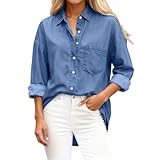 BIBOKAOKE Damen Jeanshemd Bluse Langarm Einfarbig Knopfverschluss...