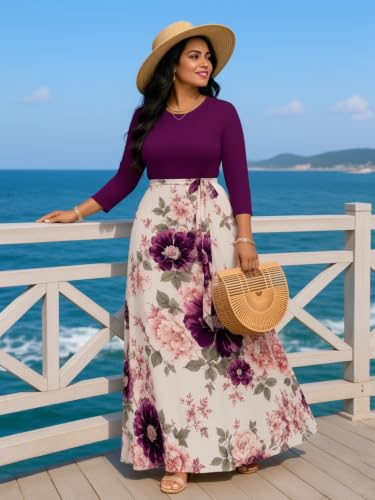 Image of Plus Size Maxi Dress for Women V Neck 3 /4 Sleeve Wrap Dress