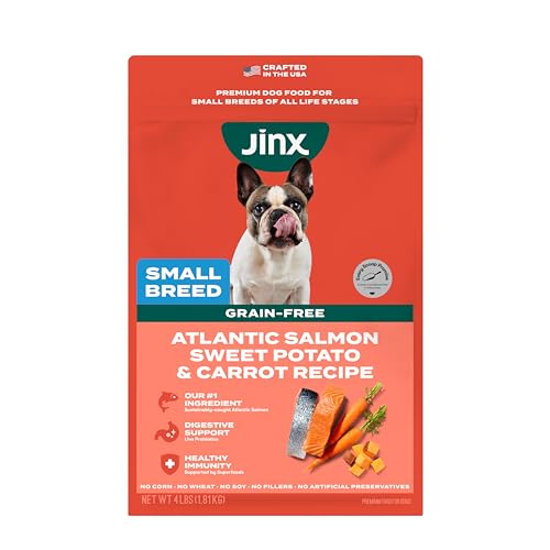 Jinx Premium Grain-Free Kibble - Salmon & Carrot - Dry Dog Food - Made with Real Salmon, Superfoods, Probiotics, & No Fillers - for Puppies, Adults, and Seniors, 4lb. Bag