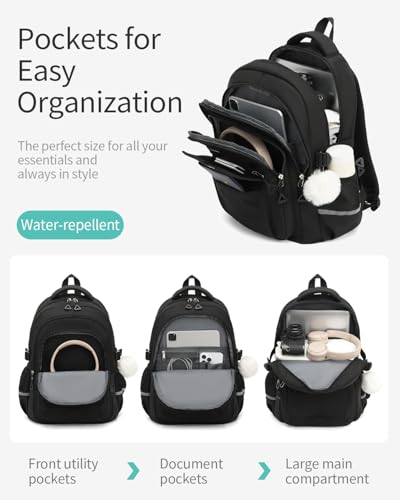 Image of School Backpack for Teen Girls, Large Capacity Laptop Bag for High School Middle School Elementary, Aesthetic Bookbag College Women, Black