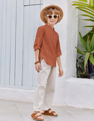Image of Arshiner Boys Cotton Linen Henley Shirt Button Down Shirt Long Sleeve T Shirt Beach Shirt Tee Casual Solid Tops