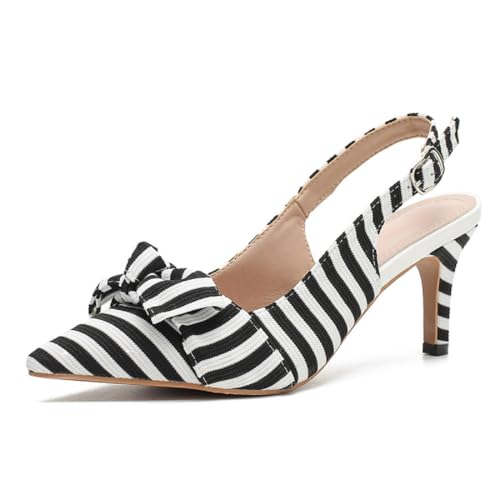 Women's White Black Stripes Slingback Kitten Heels Closed Pointed Toe Bow Tie Slip On Work Pumps Ankle Strap Stiletto Formal Party Wedding Dress Shoes