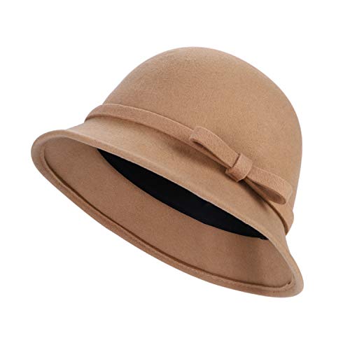Glockenhut Vintage Wolle Wintermütze Damen Winter Filzmütze Warm Wollmütze Elegant Winterhut Filz Damenmütze Klassisch Wollhut mit Schleife Damenhut Einheitsgröße Schlapphut für Reisen Freizeit