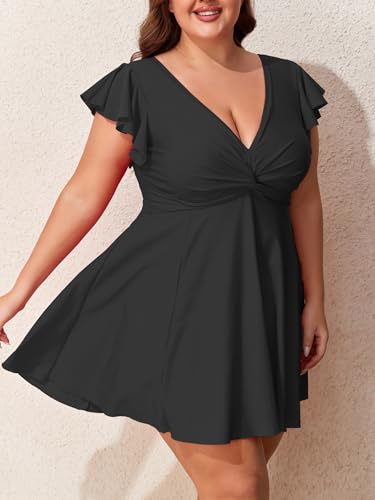 Smismivo Women Plus Size Swim Dres Tummy Control One Piece Swimsuits Push Up Bathing Suit V Neck Ruffle Slimming Swimwear4