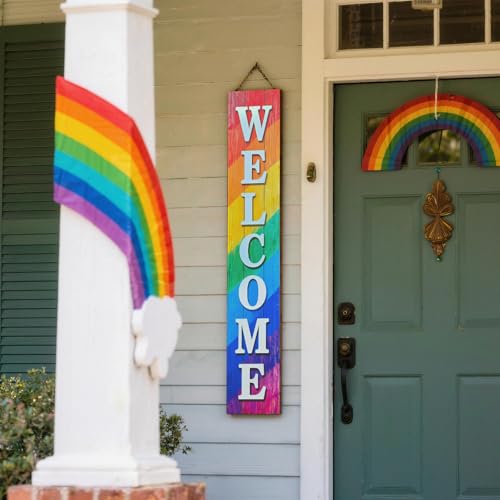 Image of Vertical Wooden Rainbow Welcome Porch Sign,Rustic Porch Standing Sign,Decorative Plaques for Front Door,Farmhouse Style Outdoor Indoor Welcome Decoration-47.2 inch H