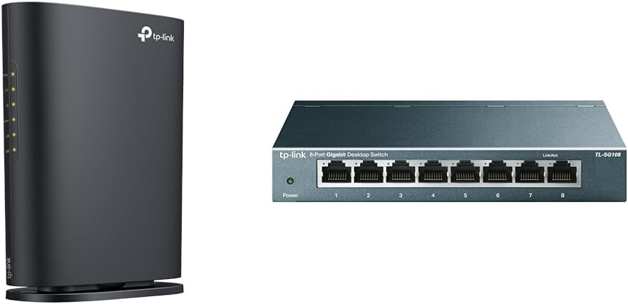 TP-Link WiFi Router, Wireless LAN Wi-Fi 6, AX1800 Standard, 1201 + 574 Mbps, WPA3 Compatible, EasyMesh Compatible, Archer AX23V + TP-Link 8 Ports, Switching Hub, 10/100/1000 Mbps, Gigabit Metal Housing, No Settings Required L-SG10 8