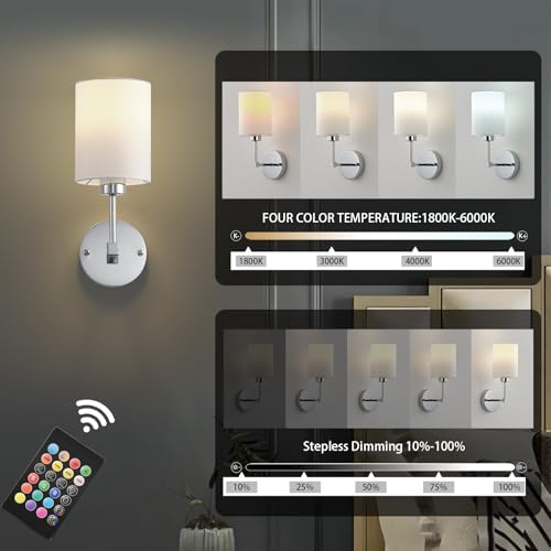 Image of Battery Operated Wall Sconce Set of Two,Wireless Rechargeable Wall Light With Remote Control, Dimmable, 1800K /3000K /4000K /6000K /RGB, Timer, for Living Room, Bedroom, Fireplace, TV, 13.5 Inch, Chrome